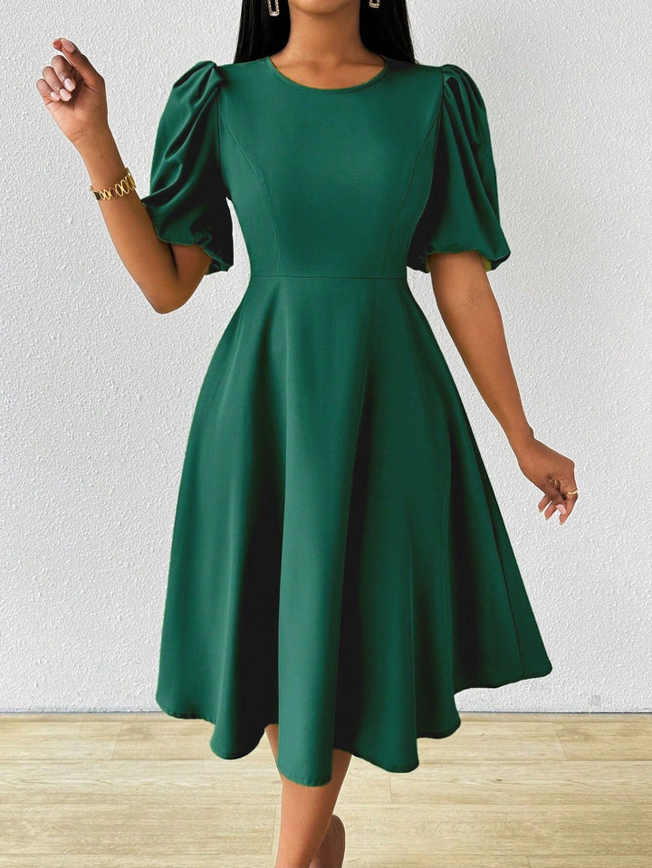 Green Puff Sleeves Fit And Flare Dress