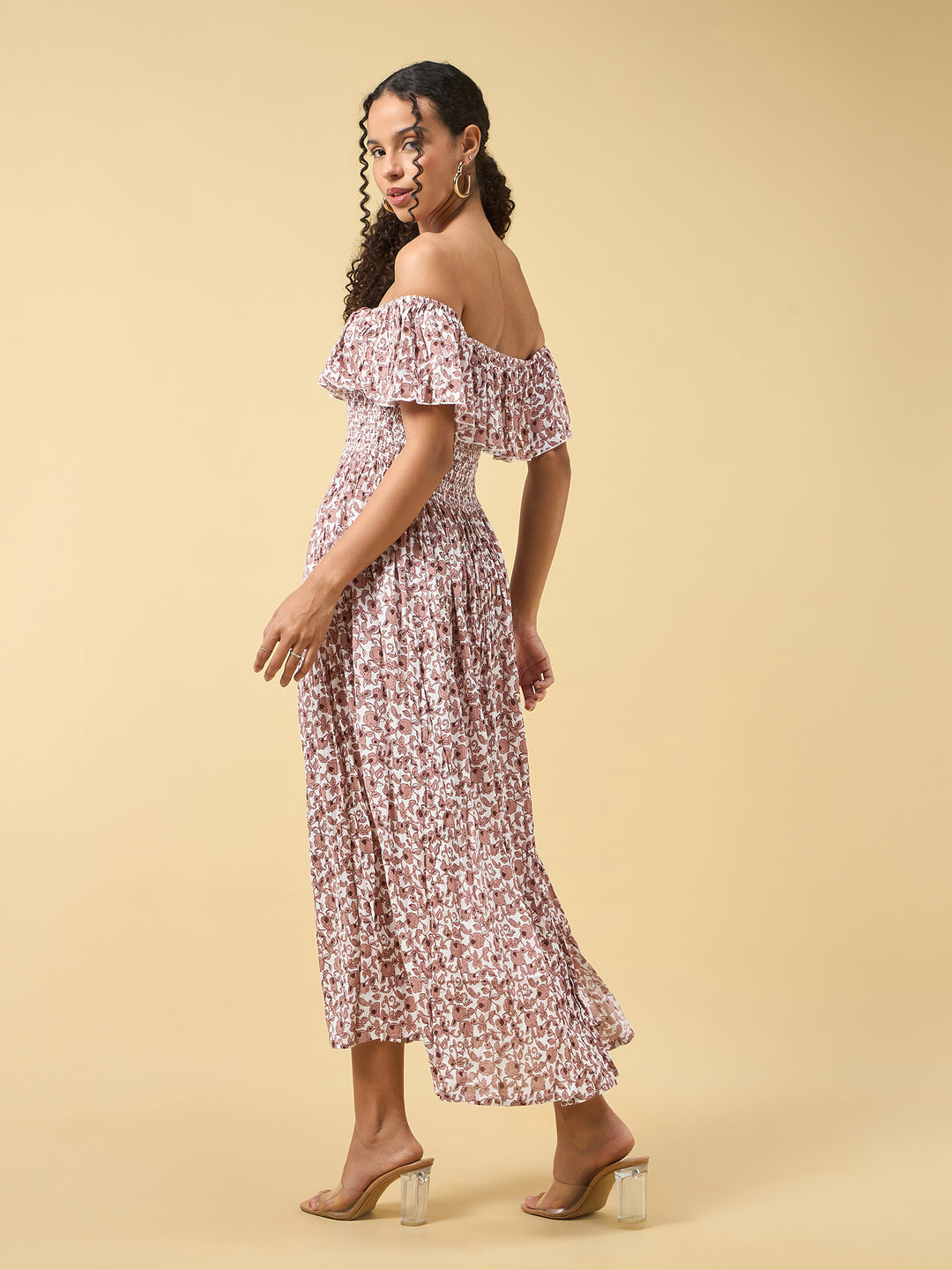 Beige Off Shoulder High Slit Dress