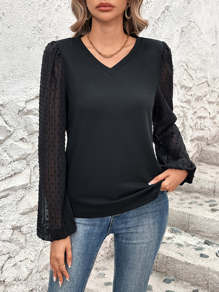 Black V Neck Top With Sheer Sleeves