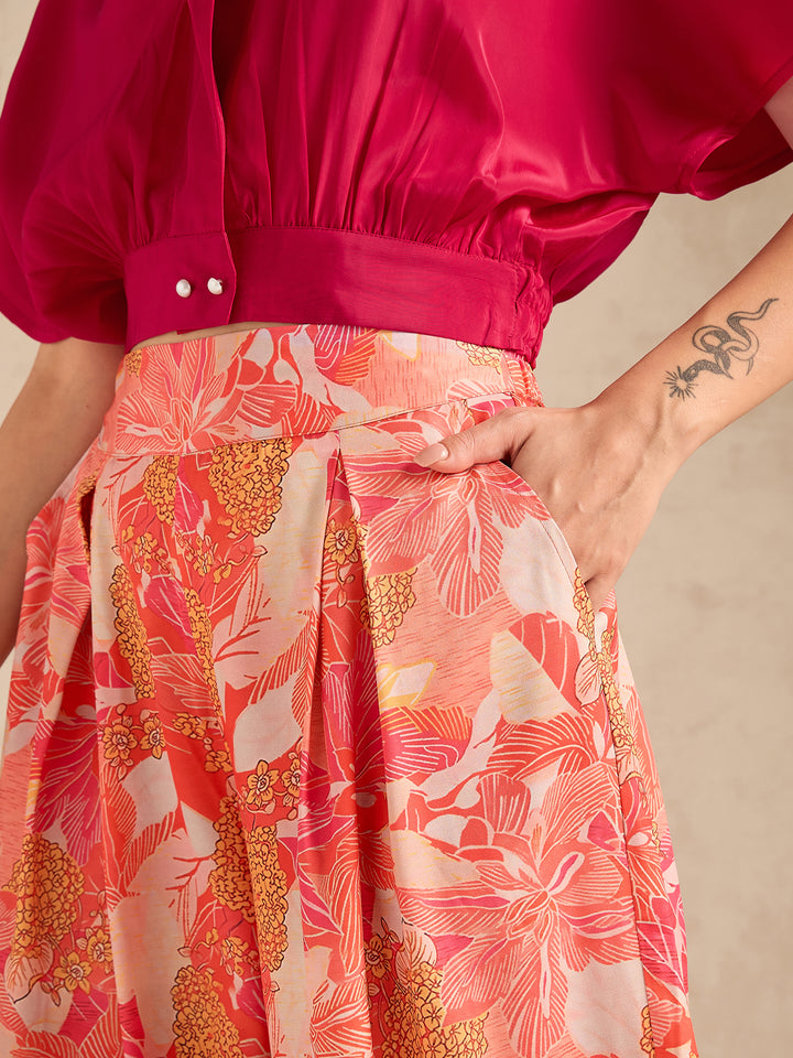 Pink Printed Solid Top With High Rise Wide Leg Trouser Co-Ord Set