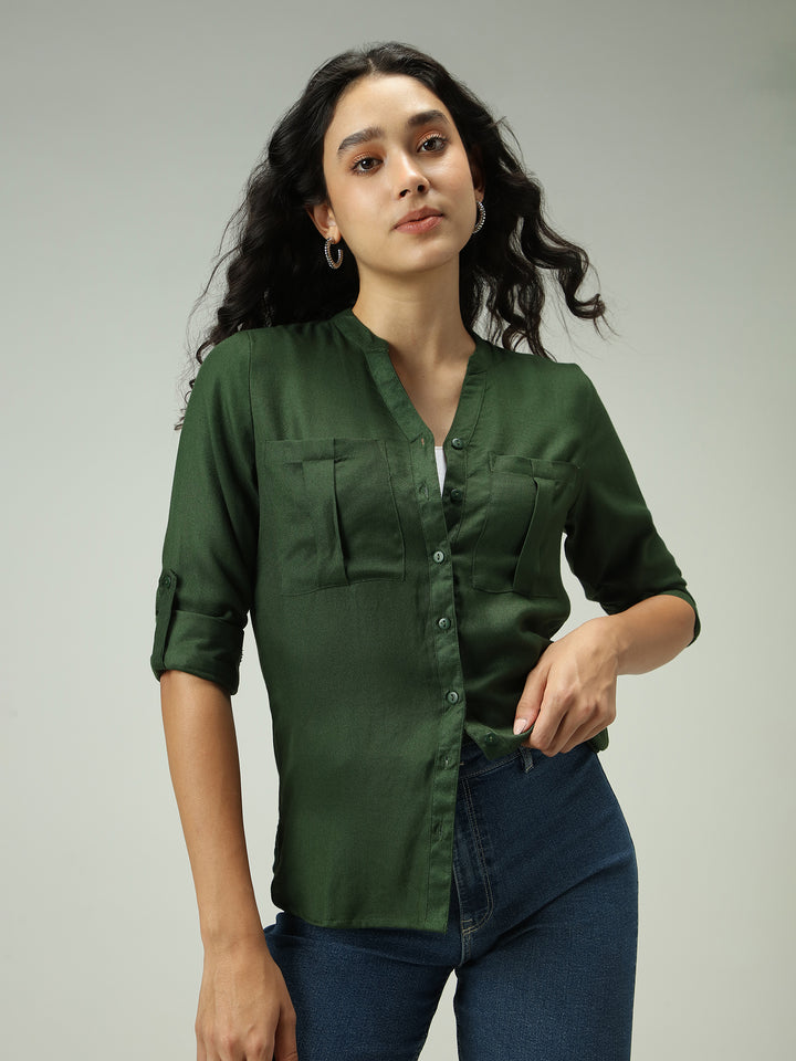 Olive Solid V Neck Shirt