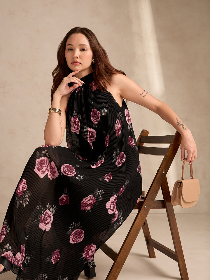 Black Halter Neck Floral Printed Dress
