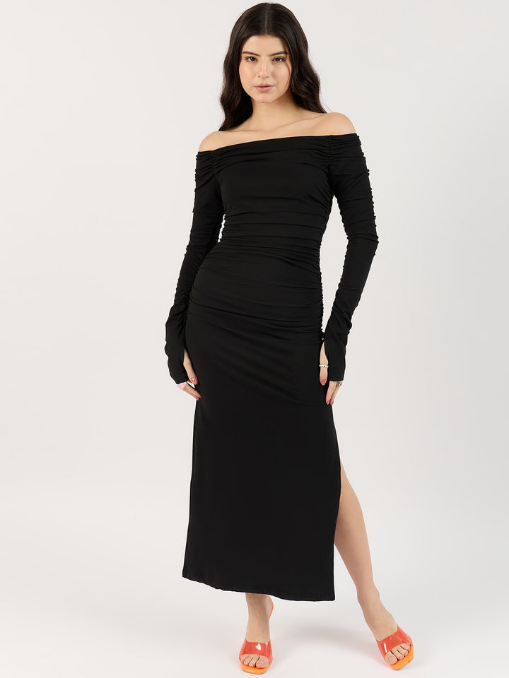 Black Off-Shoulder Ruched Dress