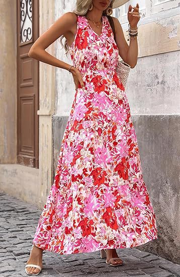 Red V Neck Printed Cinched Waist Dress