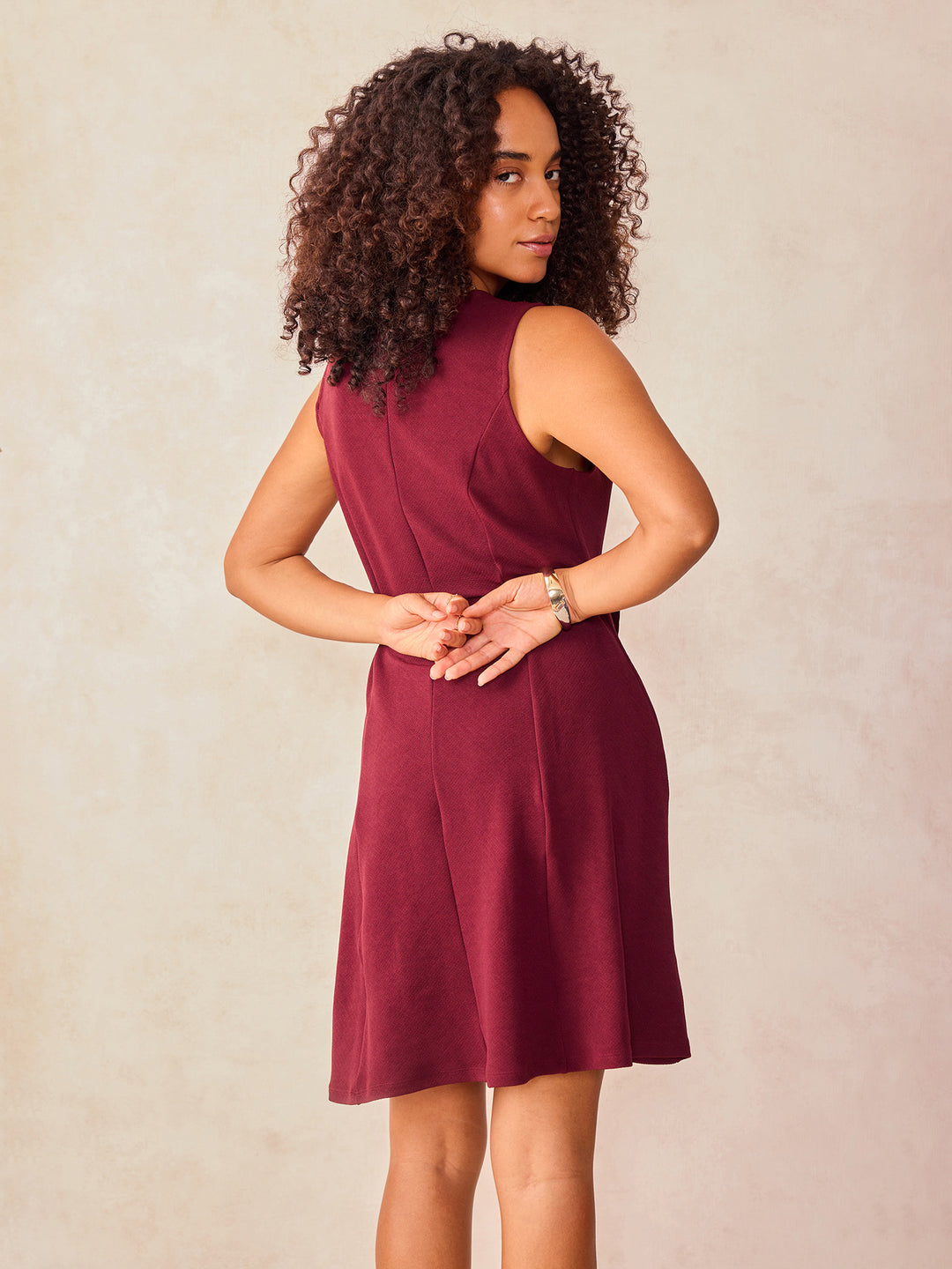 Wine Mini Flared Dress With Buckle Detail At Waist