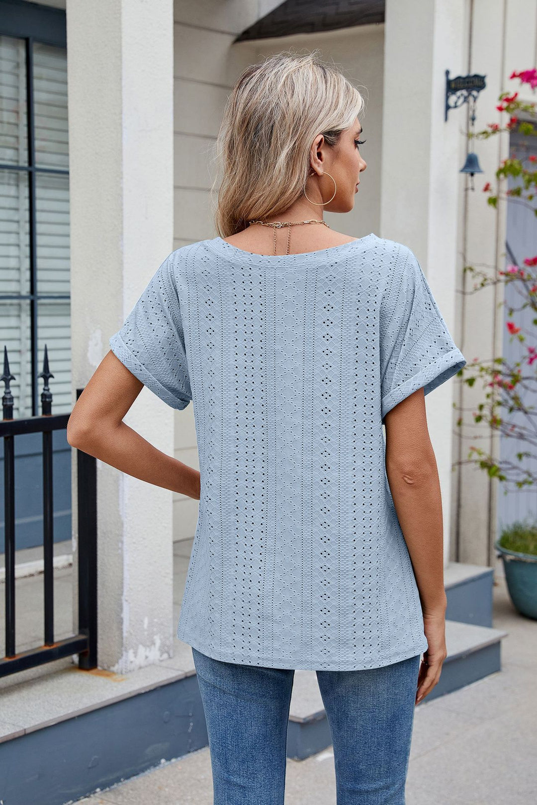 Blue Short Sleeve Round Neck Top