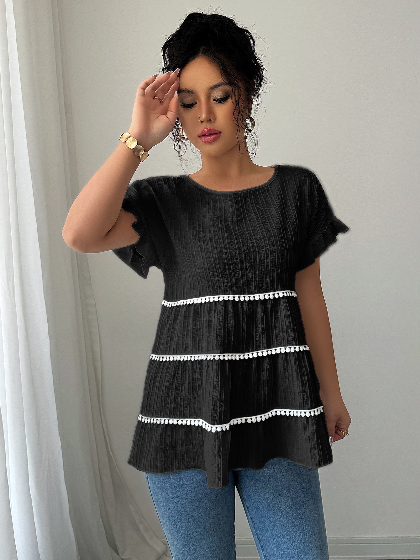 Black Solid Regular Tiered Top