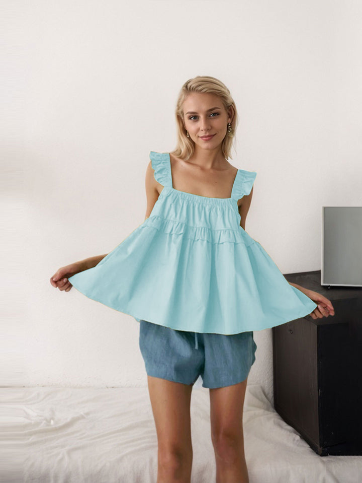 Blue Ruffle Sleeve Square Neck Top