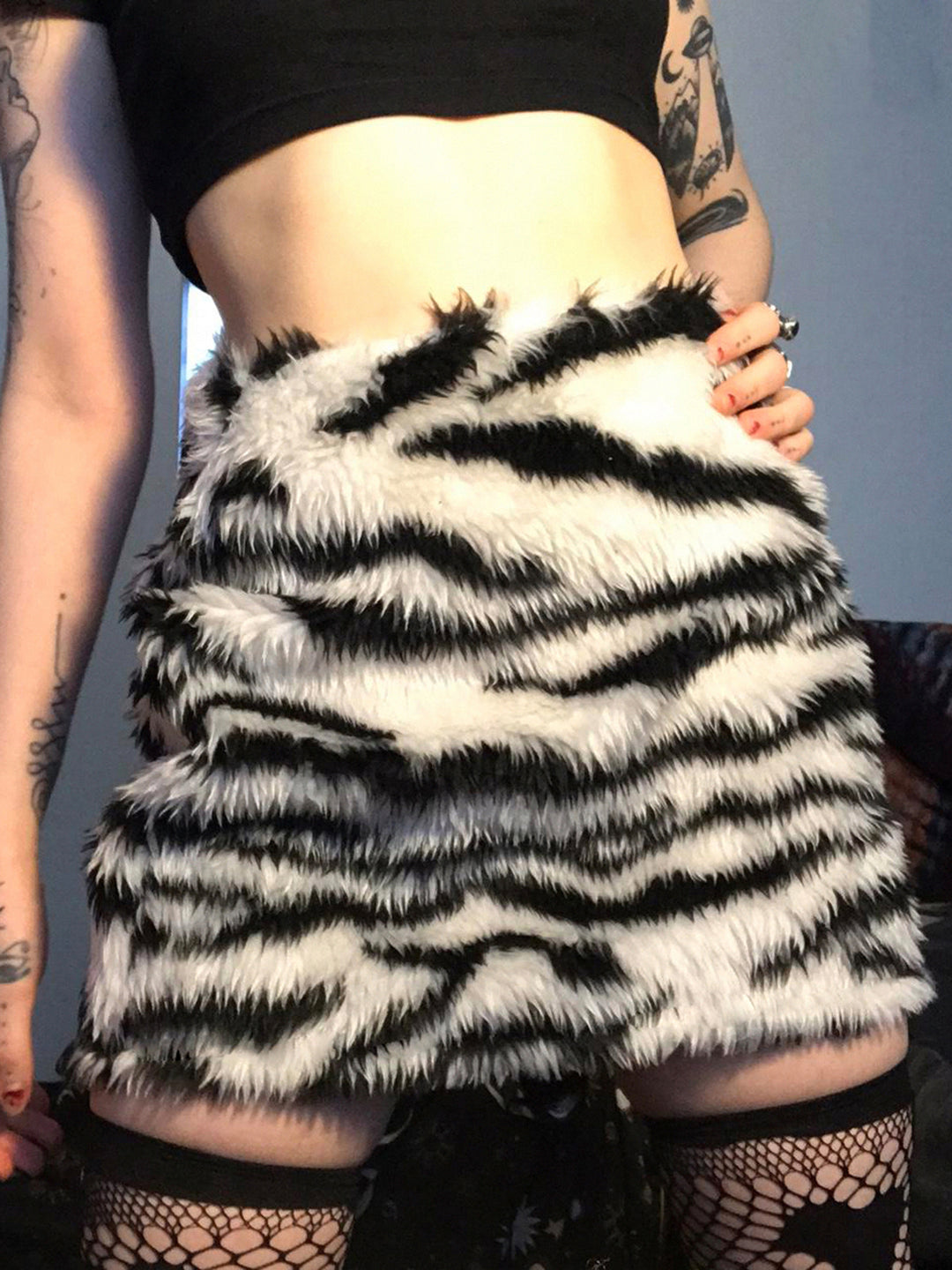 Black Animal Print Fur Skirt
