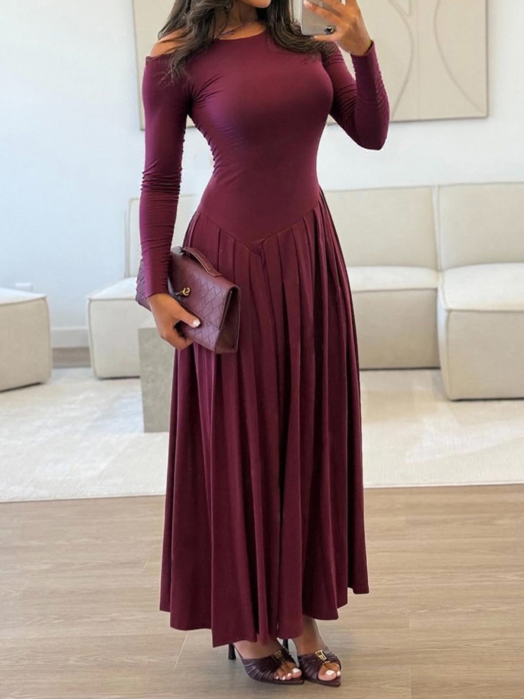 Burgundy Full Sleeve One Shoulder Dress