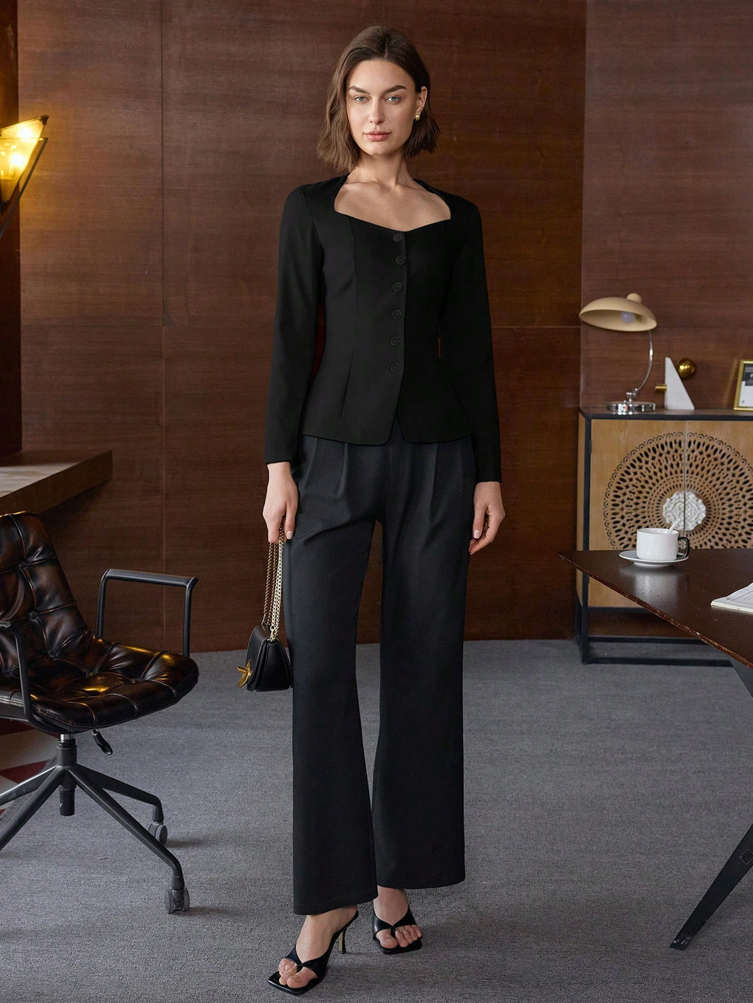 Black Long Sleeve Front Button Top