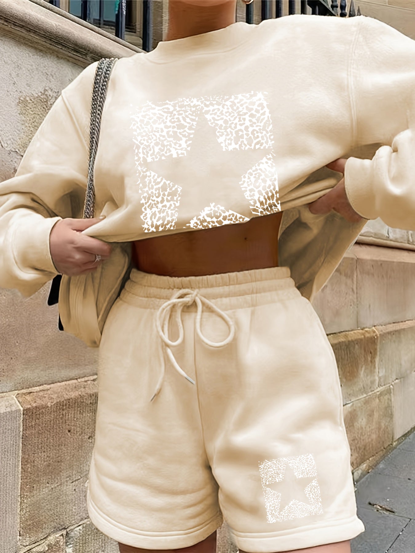 Cream Graphic Oversized Sweatshirt And Shorts Co-Ord Set