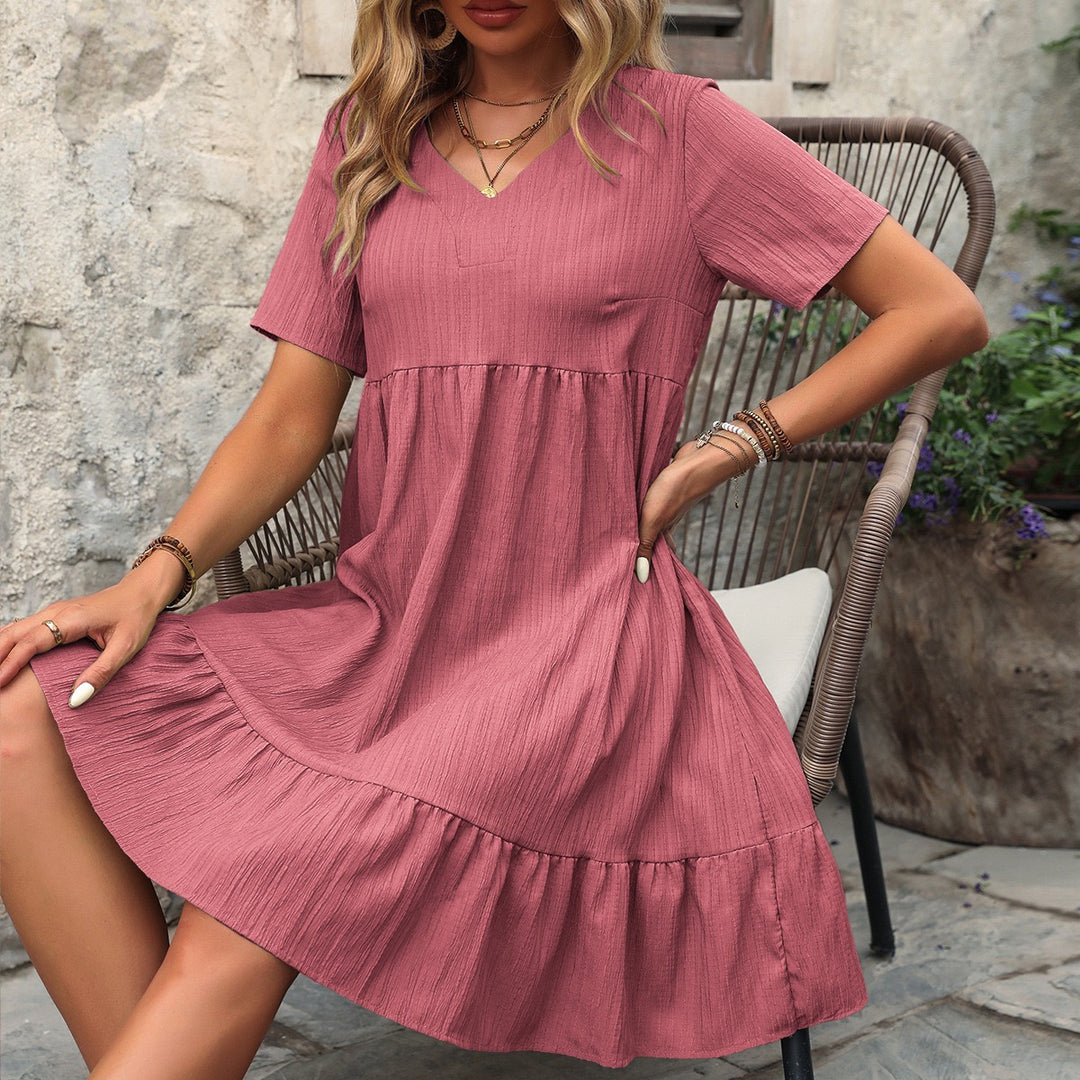 Red V-Neck Short Sleeve Flowy Dress