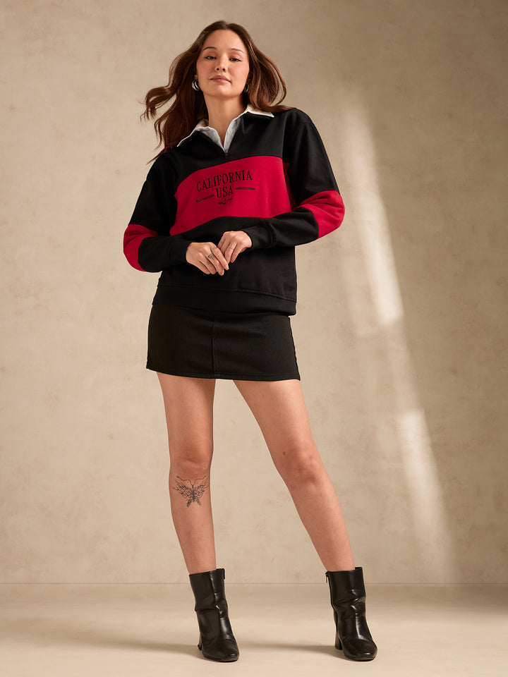 Black Varsity V Neck Graphic Sweatshirt