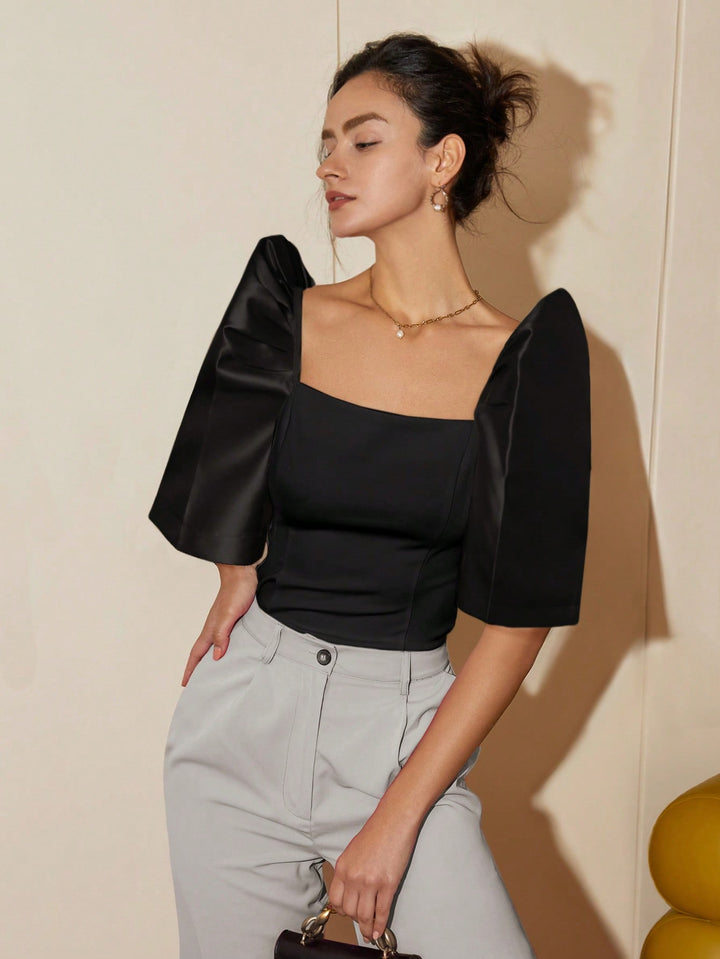 Black Puff Sleeve Square Neck Top