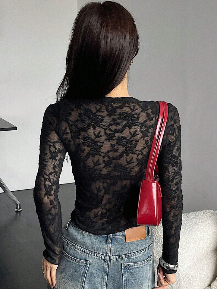 Black Full Sleeve High Neck Semi Sheer Top