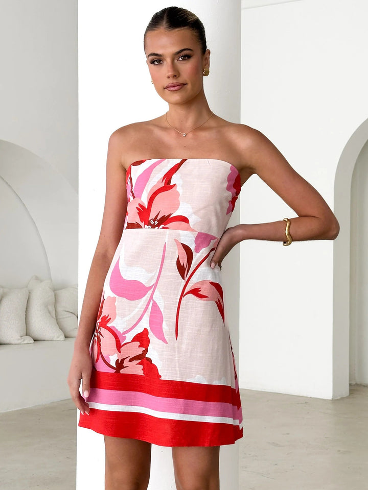 Red Strapless Floral Printed Dress