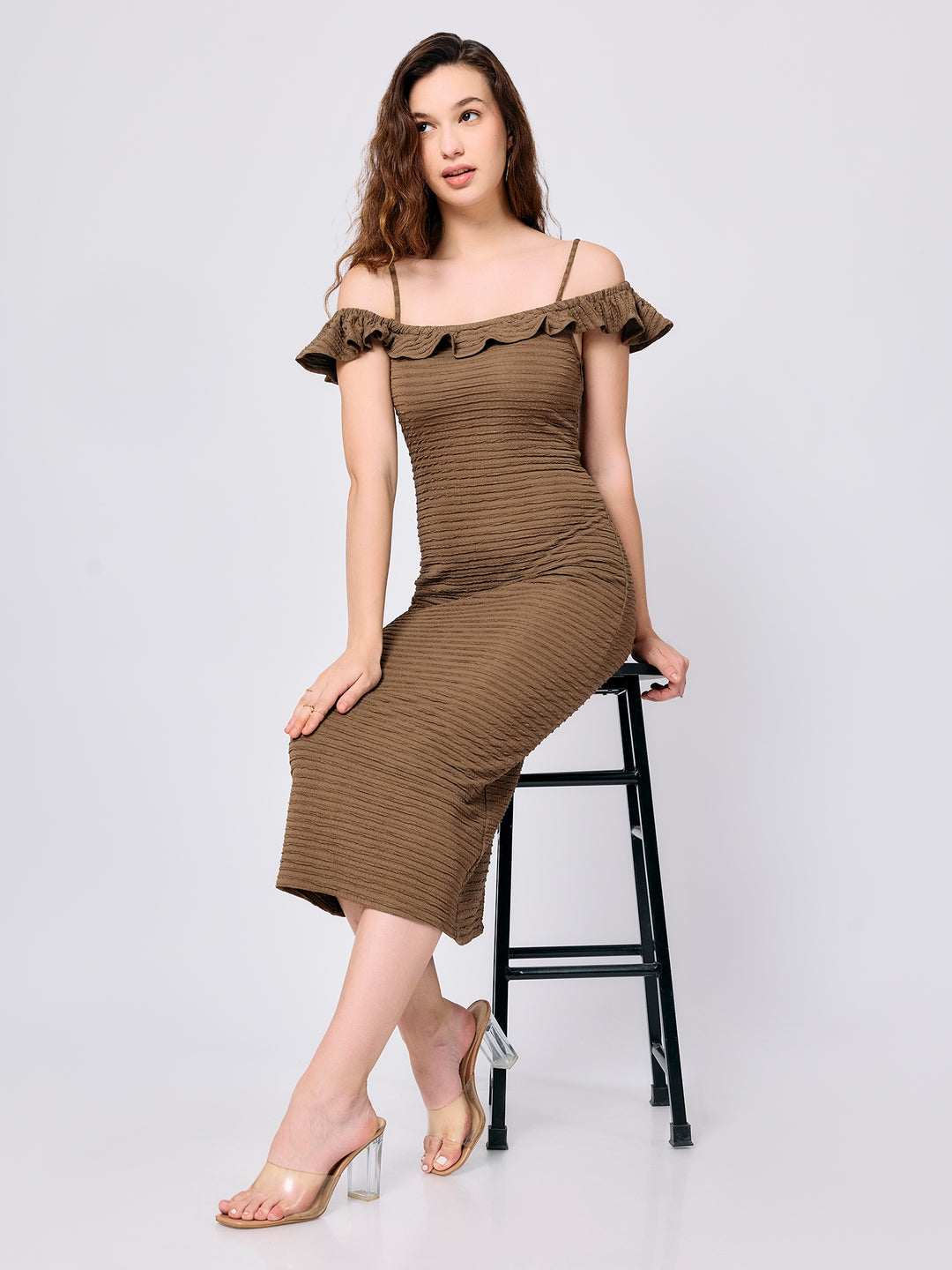 Olive Fitted Midi Textured Dress With Ruffle Detail