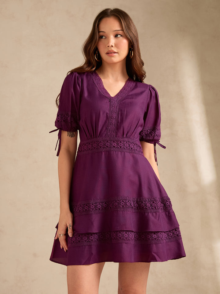 Purple Tiered Mini Dress With Lace Inserts Detailing