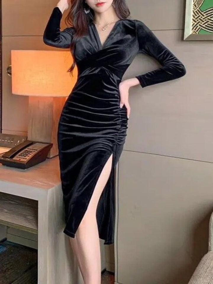 Black V-Neck Ruched Bodycon Dress