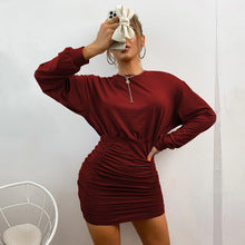 Burgundy Full Sleeved Ruched Bodycon Dress