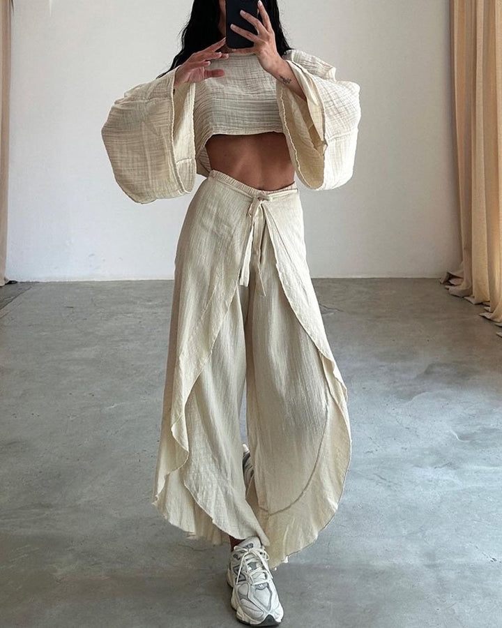 Beige Bell Sleeve Solid Top And Pant Set