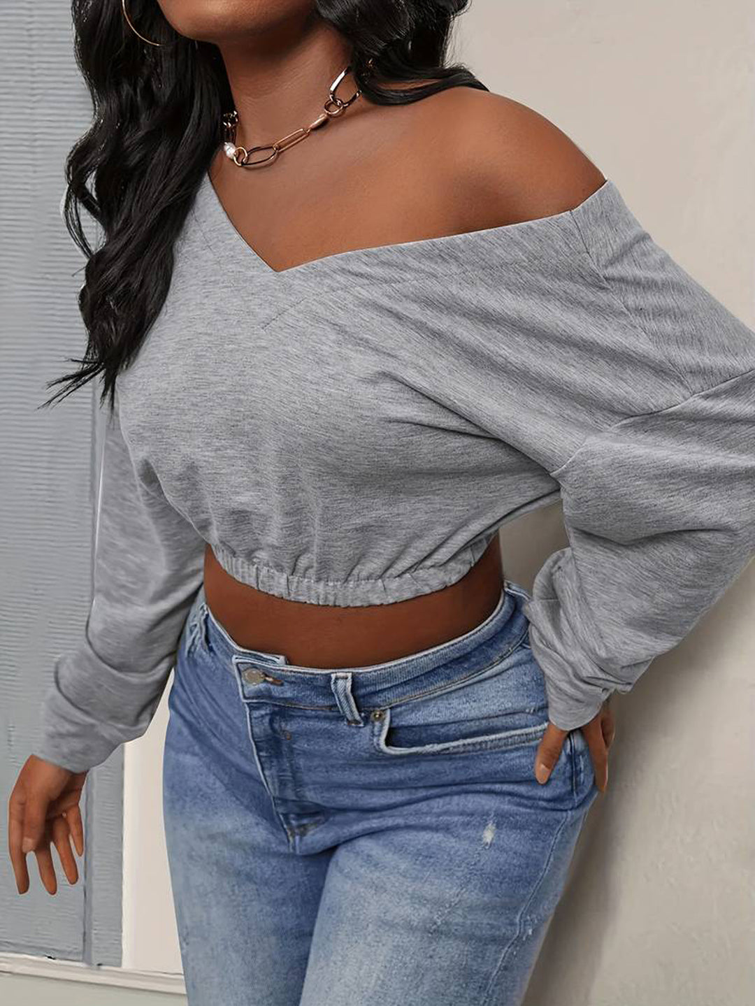 Grey Drop Shoulder Crop Sweatshirt