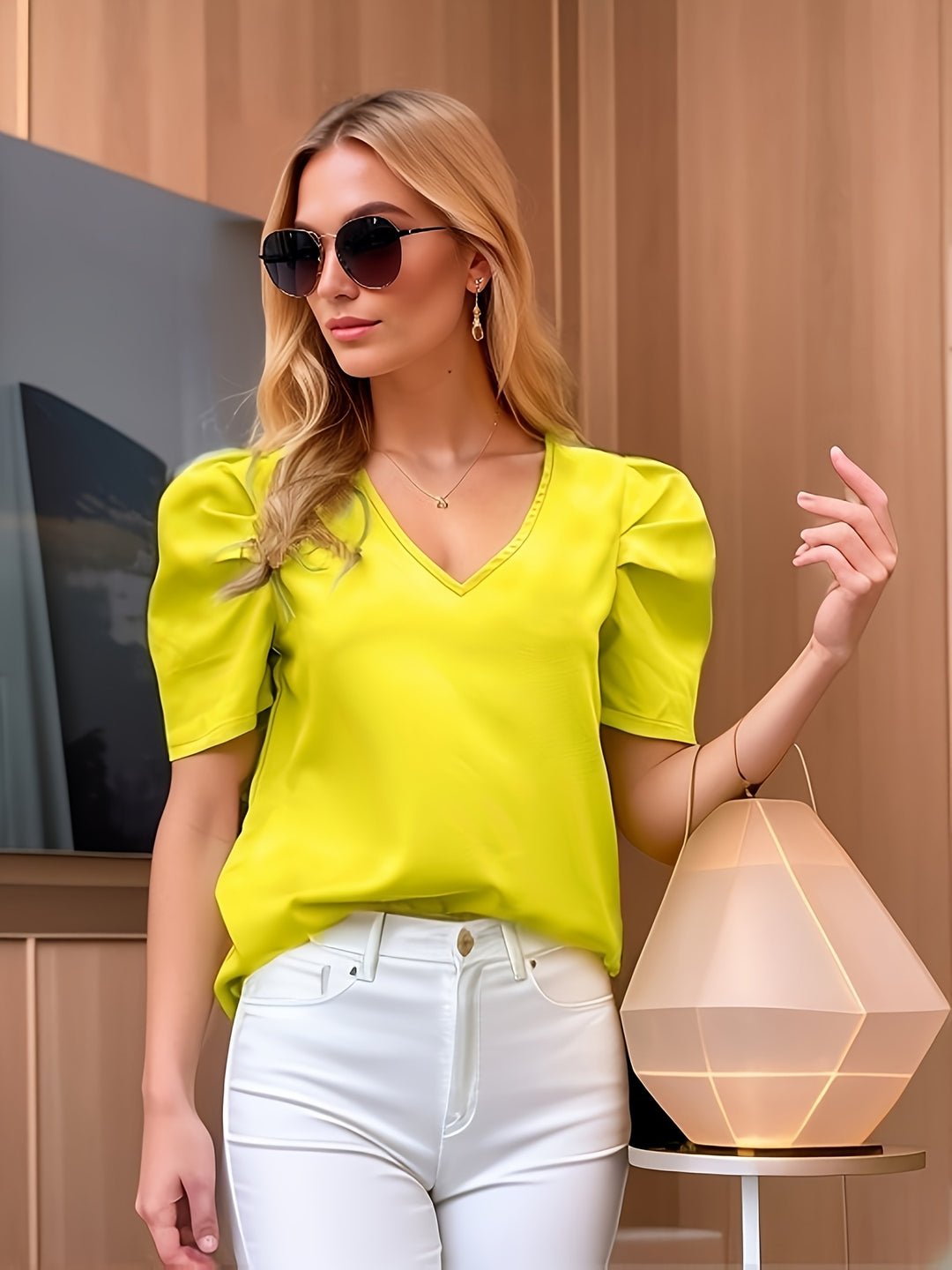 Yellow Half Puff Sleeves V-Neck Top