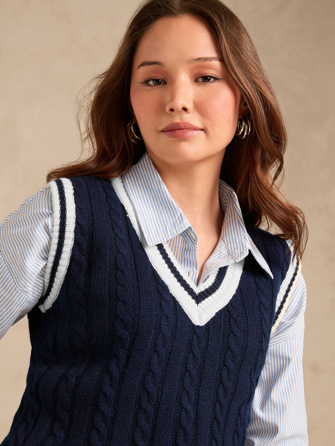 Navy Blue Varsity Contrast Tipping Sweater