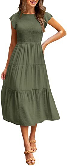 Olive Solid Flutter Sleeved And Tiered Dress