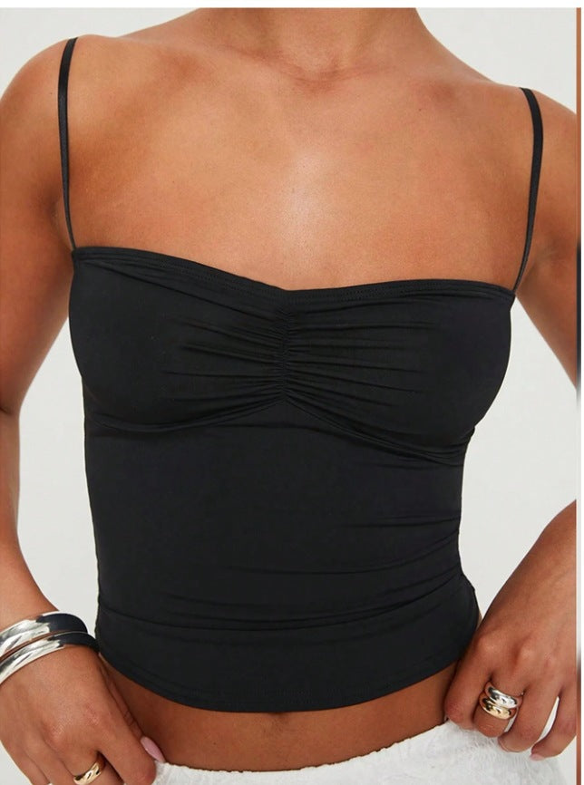 Black Spaghetti Strap Front Ruched Top