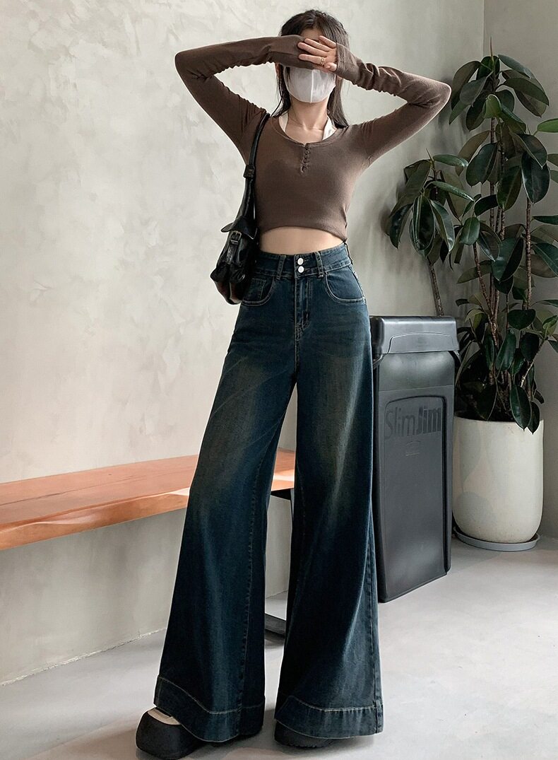 Blue Double Button Flared Denim