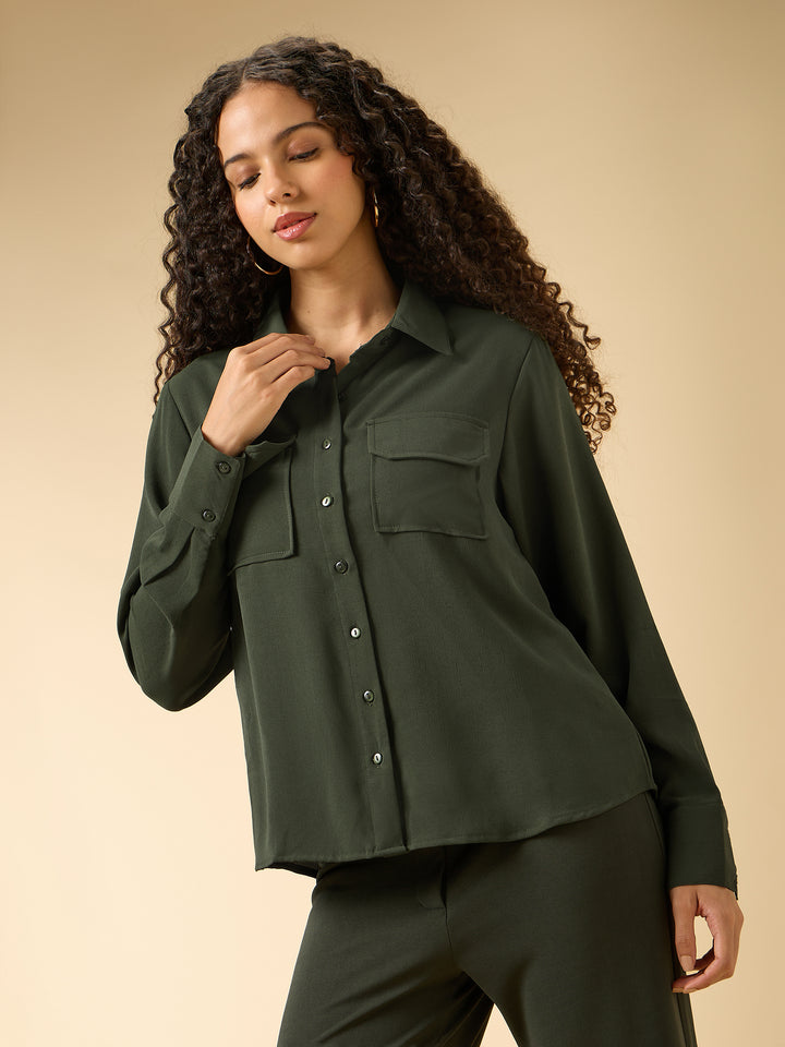 Green Relaxed Fit Shirt With Pocket Details