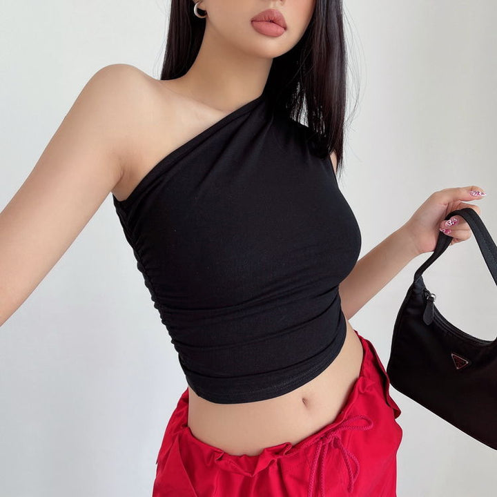 Black One Shoulder Ruched Tank