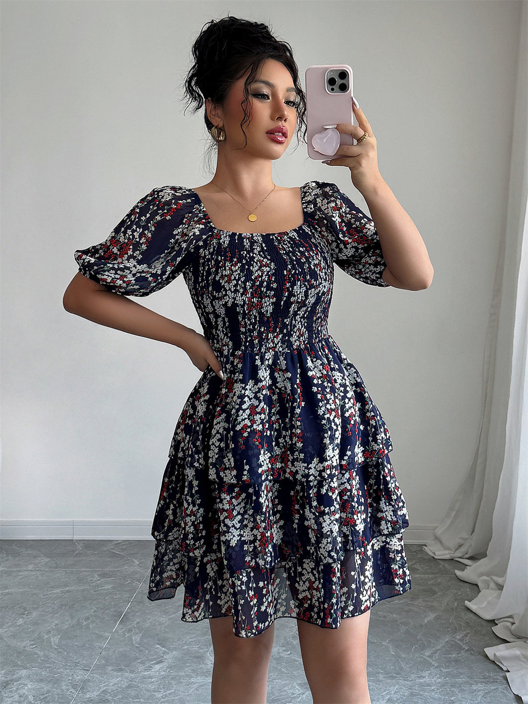 Blue Puff Sleeved Skater Dress