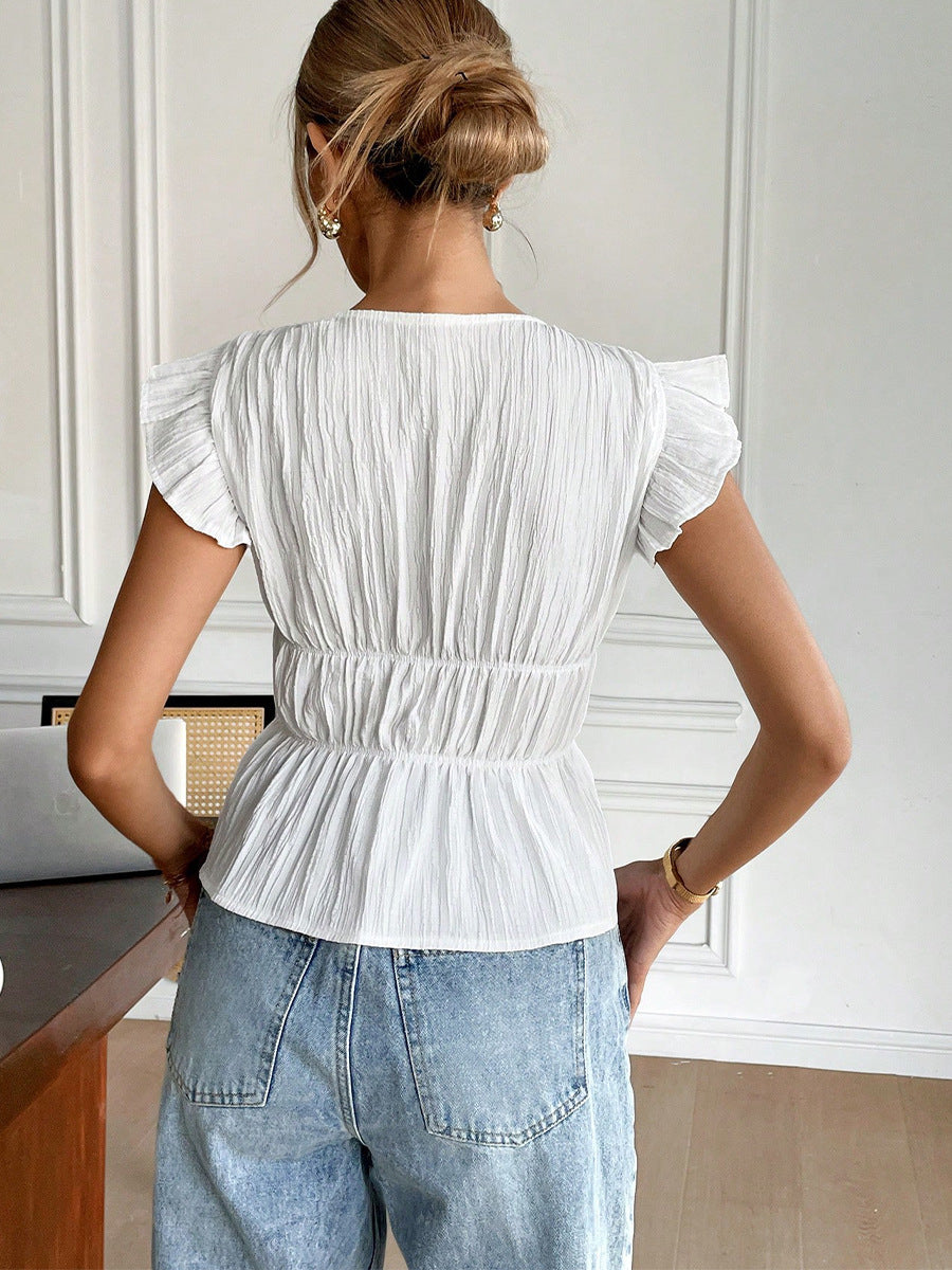 White Plunge Neck With Bow Detailing Top