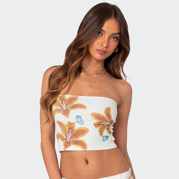 White Floral Print Tube Top