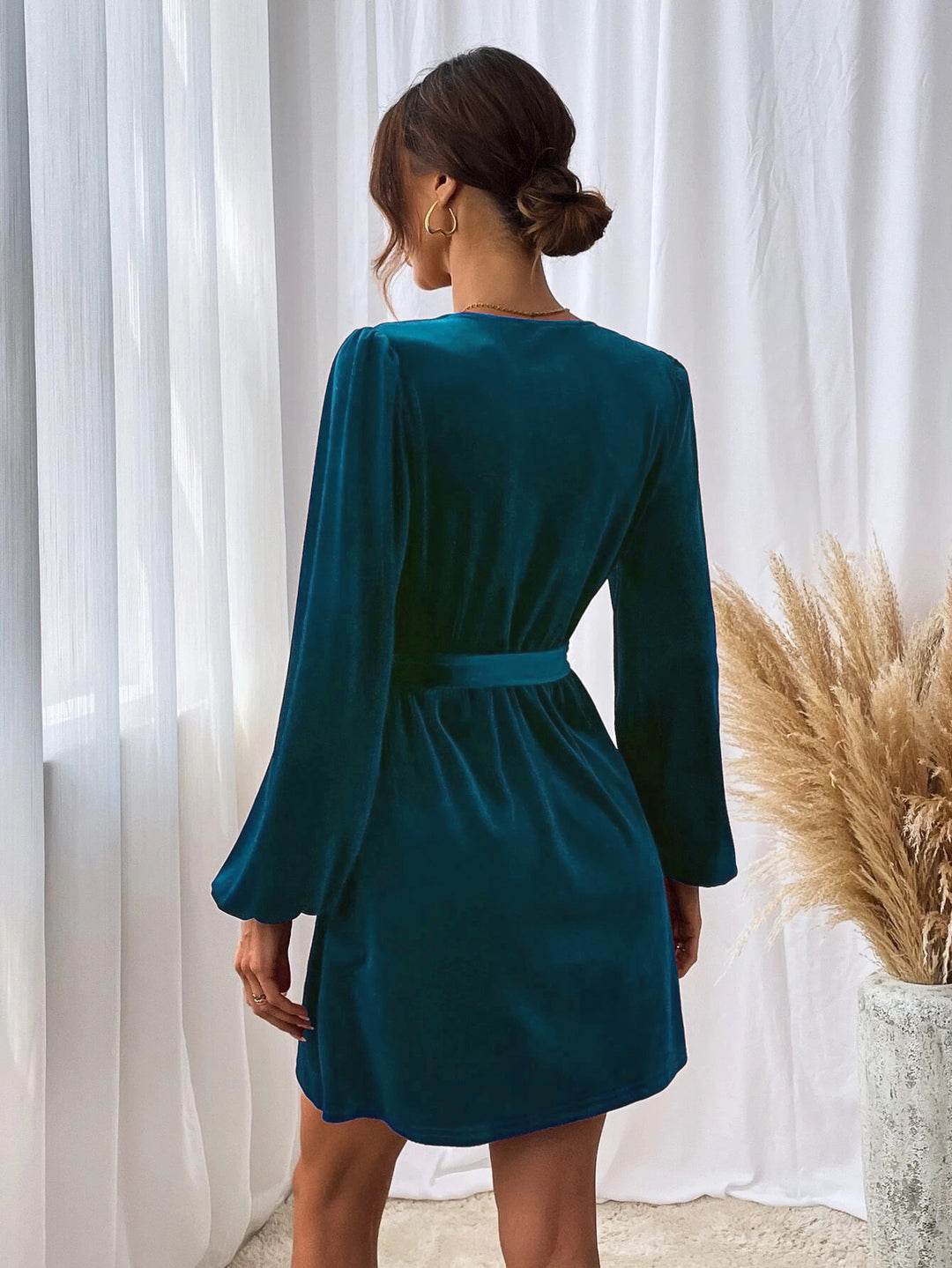 Blue Bishop Sleeve Front Tie-Up Dress