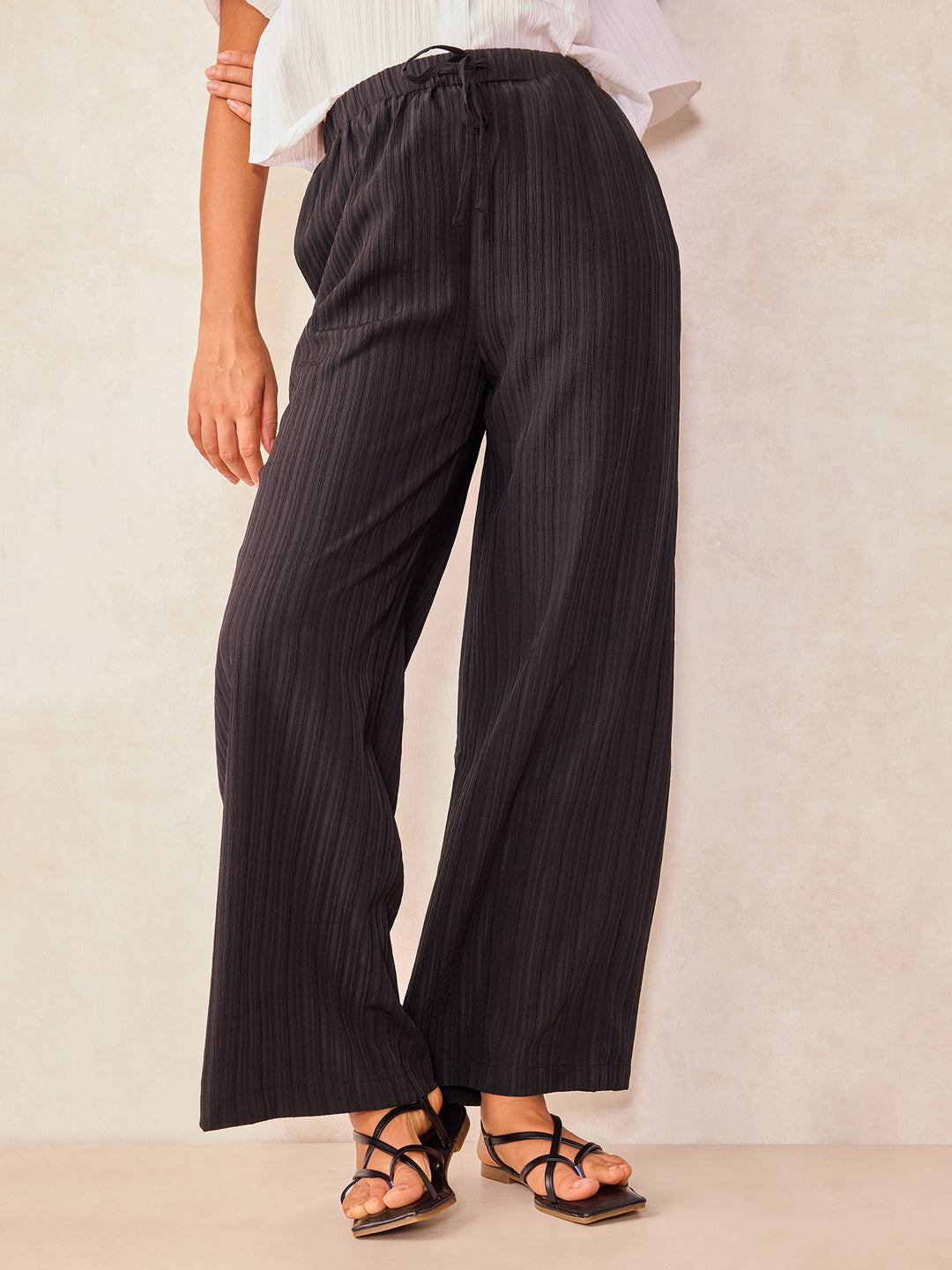 Black Textured Pull On Wide Leg Trouser
