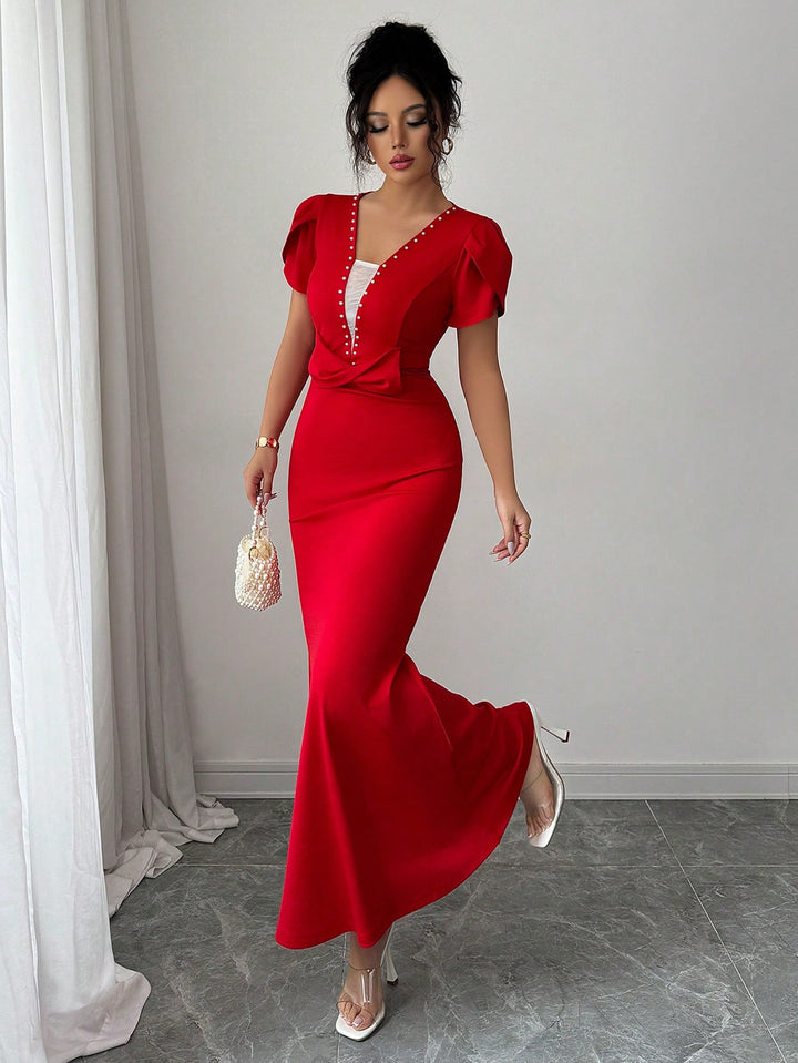 Red Petal Sleeve V-Neck Dress