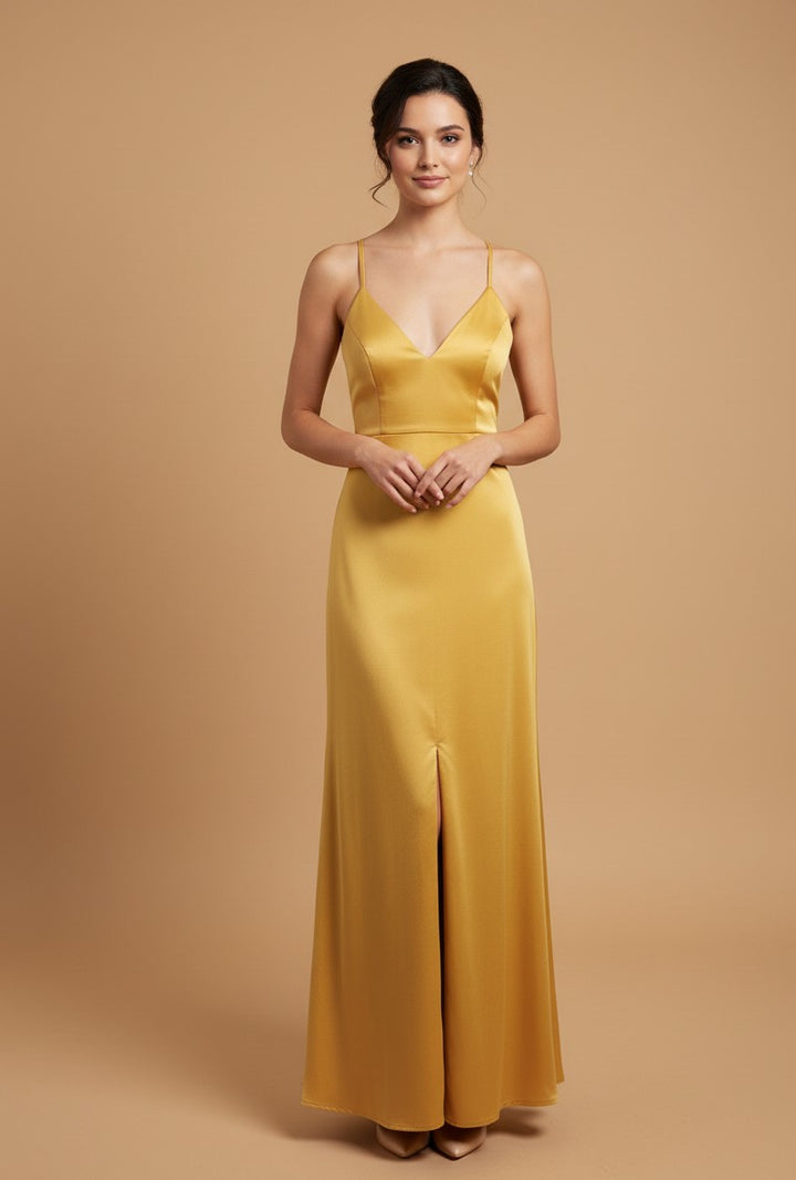 Yellow Sleeveless V Plunging Neck Dress