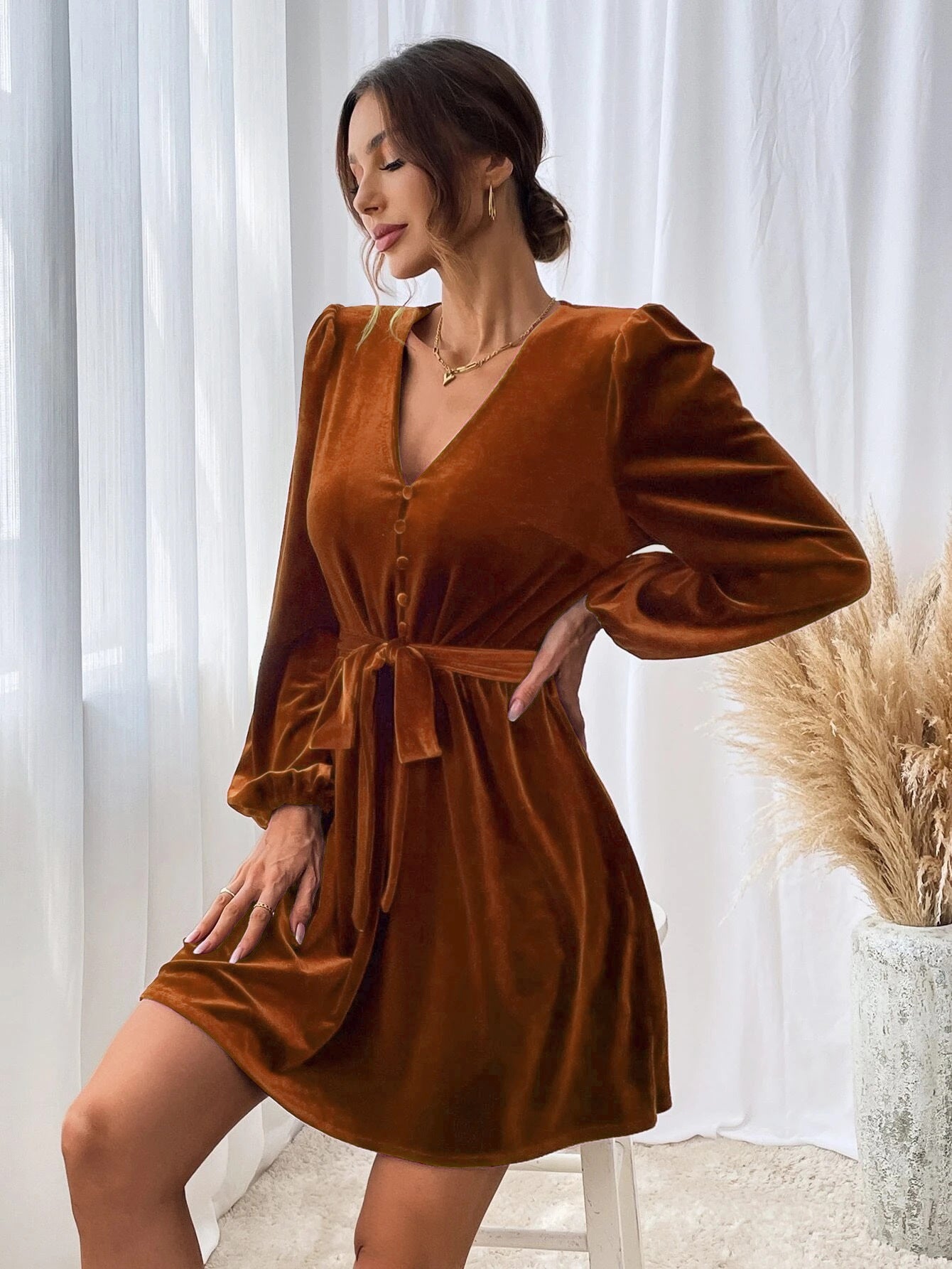 Orange Bishop Sleeve Front Tie-Up Dress