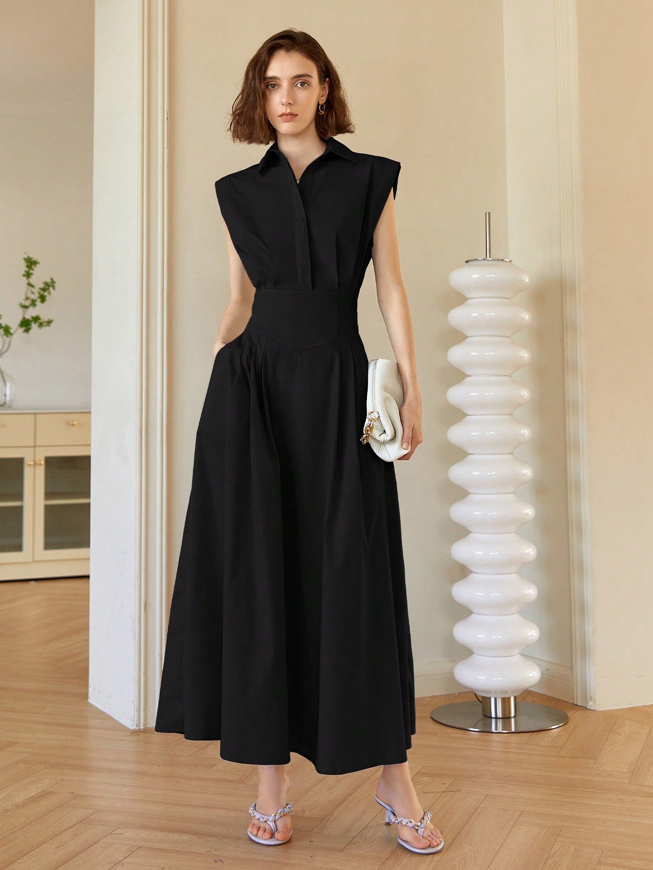 Black Front Button Shirt Style Sleeveless Dress