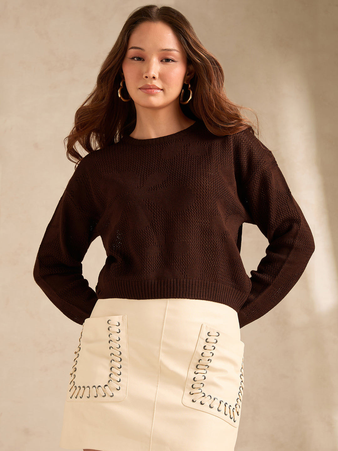 Brown Bold Floral Print Sweater