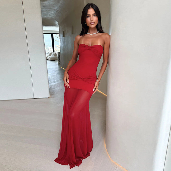 Dark Maroon Off-Shoulder Evening Mesh Dress