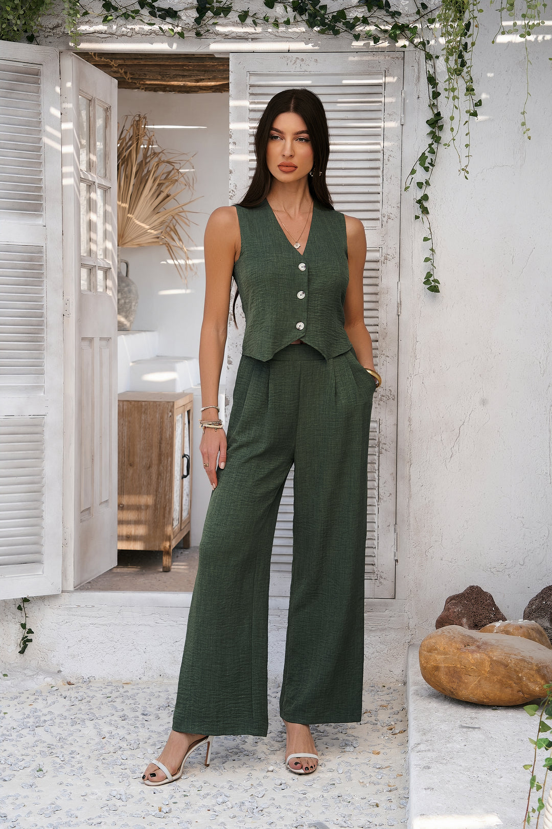Green Trouser And Vest Co Ord Set
