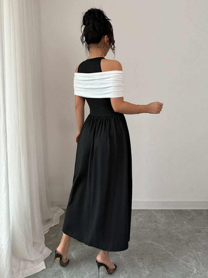 Black Twisted Contrast Off Shoulder Dress