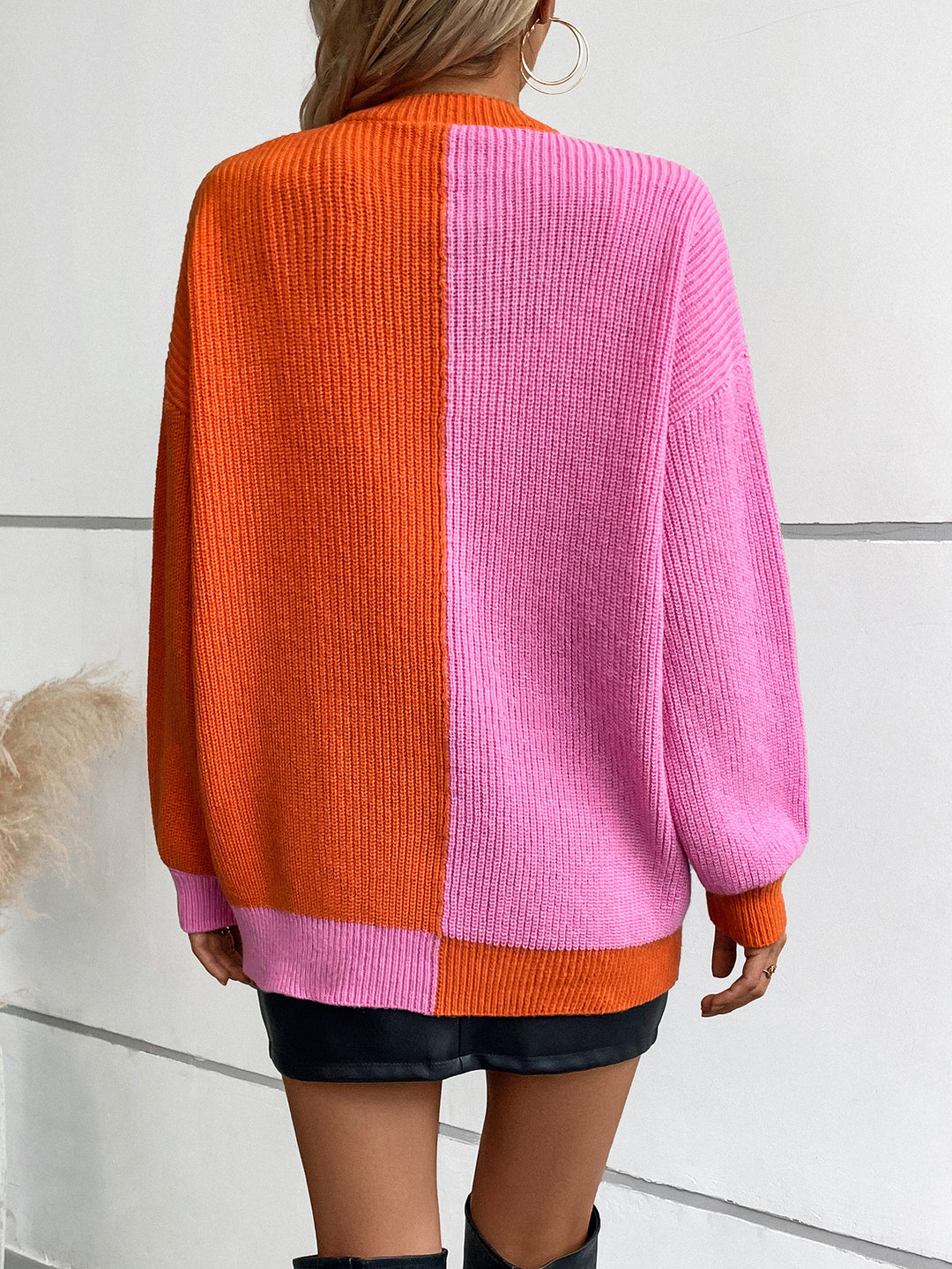 Orange Full Sleeves Colour Block Cardigan