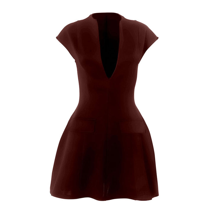 Wine High Neck Cap Sleeve Skater Dress