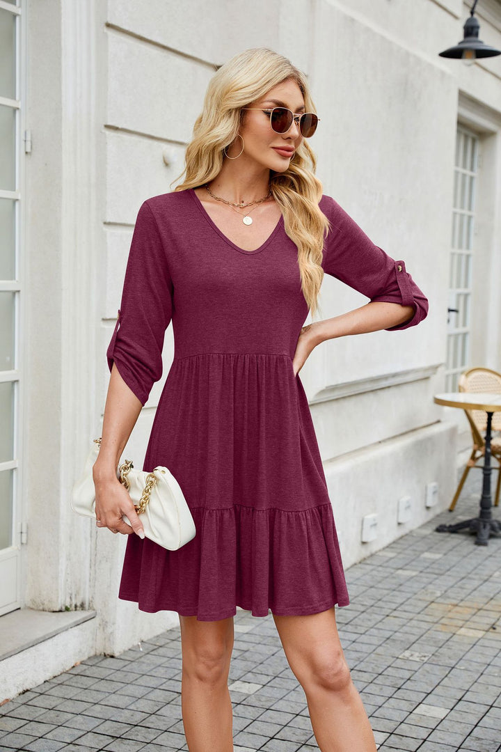 Maroon Button Up Sleeves Scoop Neck Dress